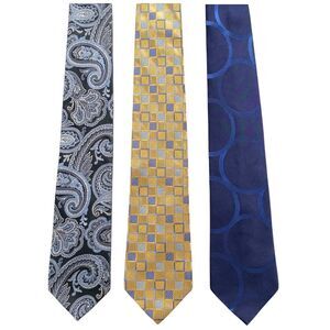 Mens Croft & Barrow Silk Neckties Blue Gray Paisley Yellow Checkered Ties, 3pcs